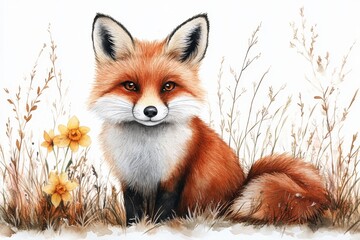 Fototapeta premium A charming illustration of a fox sitting among flowers and grass.