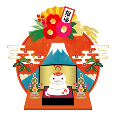 2025年　巳年　年賀状素材　白へびの正月飾りの和風イラスト　赤【招福】