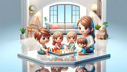 3D Family playing board games in the living room candid shot with copy space concept as A candid image of a family playing board games in the living room. The relaxed fun and competitive environment i