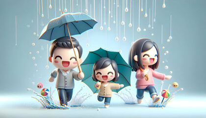 Obraz premium 3D Family playing in the rain with umbrellas capturing joyful splashes plain background on right. concept as A joyful family playing in the rain with umbrellas capturing splashes and laughter set agai