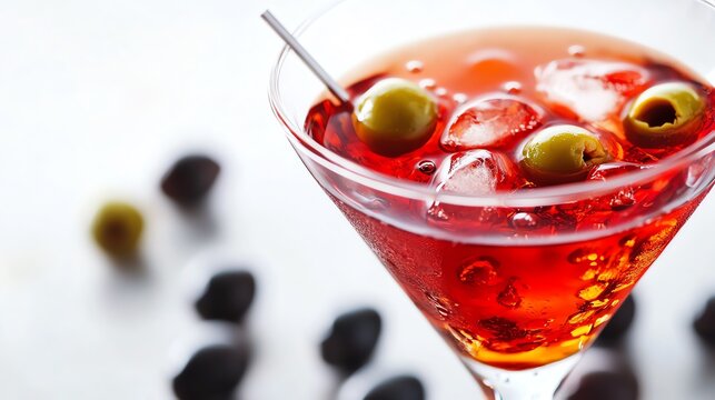 Chilled cocktail with olives and ice cubes.