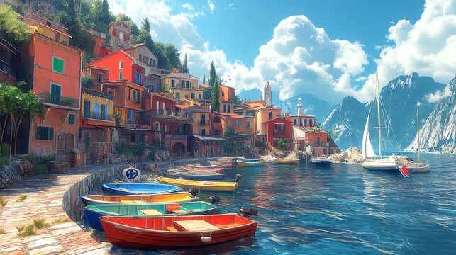 Colorful boats lined up near picturesque seaside village.