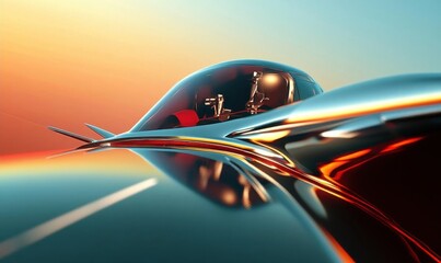 A futuristic vehicle design with sleek lines and a vibrant sunset backdrop.
