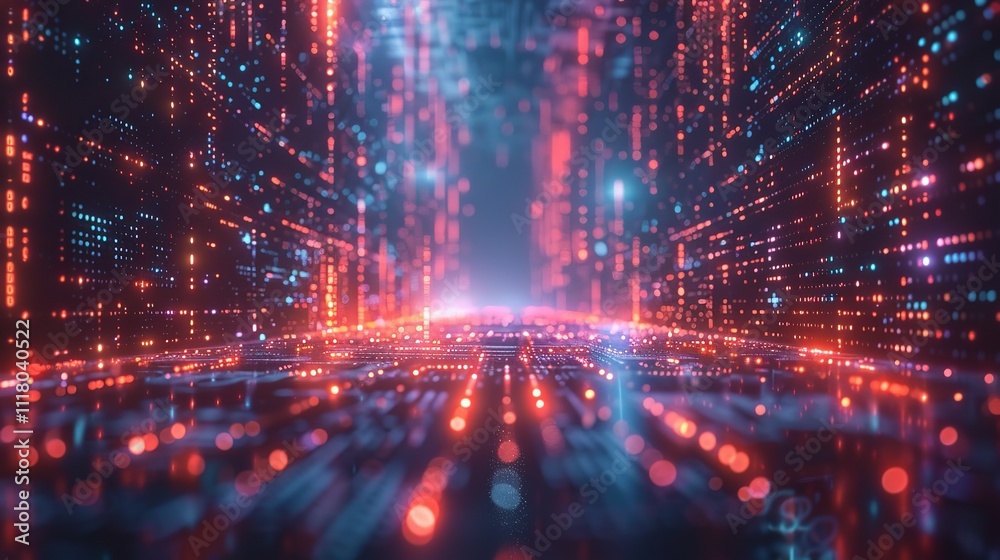 Poster digital landscape with flowing binary code.