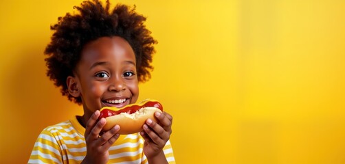Naklejka premium Happy child enjoys hot dog. Studio shot of cute African American boy happily eating classic hot dog against bright yellow background. Boy holds hot dog with ketchup, mustard. Bright color, happy