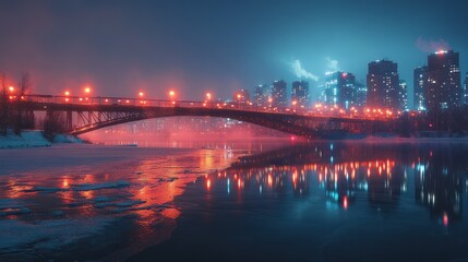 A nighttime cityscape with a bridge over a frozen river, illuminated by colorful lights reflected in the water.