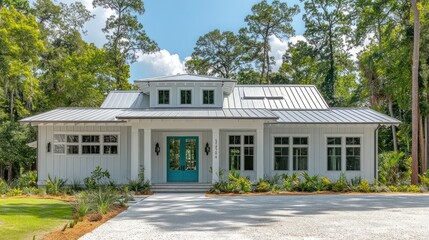 A modern, stylish home with a metal roof and vibrant blue door, surrounded by greenery.