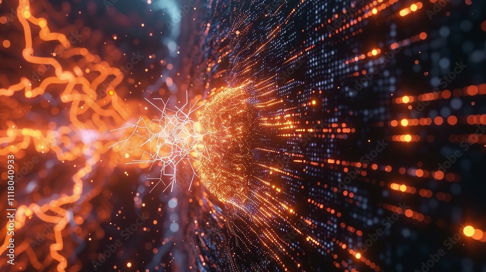 Poster digital landscape with flowing binary code.