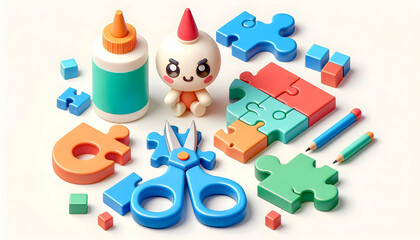 3D Flat lay of puzzle tools (glue scissors) isolated on white background concept as Flat lay composition of puzzle tools like glue and scissors representing preparation and dedication in team building