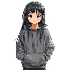 Anime young girl in a soft fleece hoodie on a white background