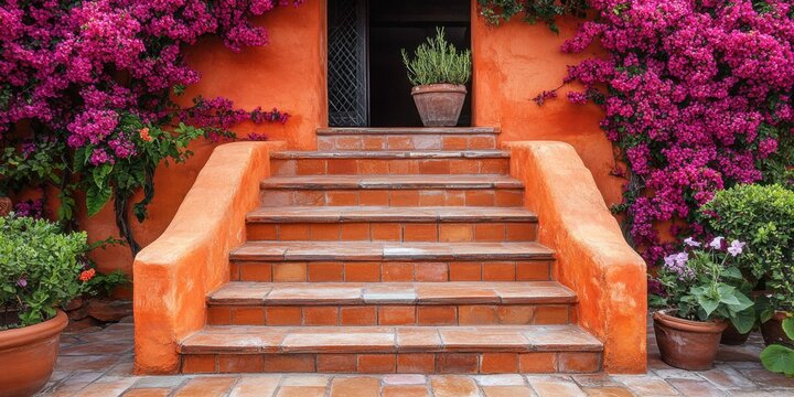 Vibrant bougainvillea blossoms embrace a charming orange staircase leading to a welcoming entrance