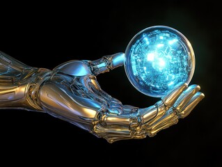 Golden metallic hand presents illuminated circuit globe