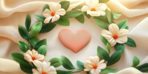 Obraz premium Heart Shape Surrounded by Delicate Flowers and Green Leaves on Soft Fabric Background for Romantic and Nature Inspired Concepts
