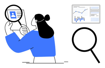 Woman holding magnifying glass over a profile with analytical chart on the side and separate magnifying glass icon. Ideal for recruitment, data analysis, HR, business analytics, research, job search