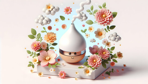 3D Floating essential oil diffuser and flowers concept as A harmonious vector of an essential oil diffuser and blooming flowers floating together on a white background symbolizing aromatherapy and nat
