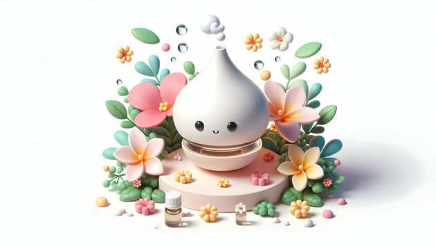 3D Floating essential oil diffuser and flowers concept as A harmonious vector of an essential oil diffuser and blooming flowers floating together on a white background symbolizing aromatherapy and nat