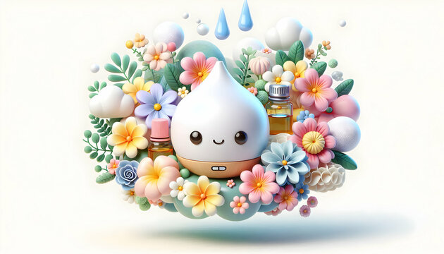 3D Floating essential oil diffuser and flowers concept as A harmonious vector of an essential oil diffuser and blooming flowers floating together on a white background symbolizing aromatherapy and nat