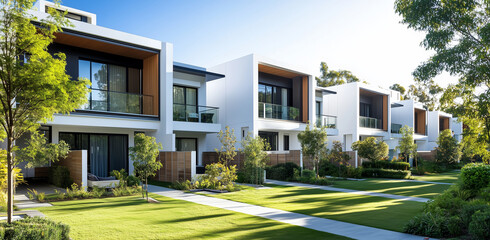 Fototapeta premium Modern row of luxury townhouses with landscaped gardens 