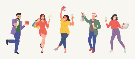 Different young women and men  holding glasses and gifts boxes with ribbon.  People stand full body. Flat style cartoon vector illustration.