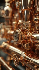 Shiny silver trumpet with gold keys, a vintage musical instrument, detail of an old brass object