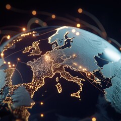Europe map lighting up with digital network pathways