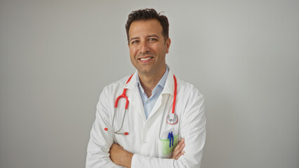 Smiling male hispanic doctor in white coat with arms crossed against isolated white background