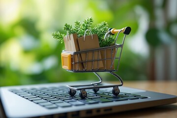 Miniature shopping cart loaded with paper bags, small plants sits on laptop keyboard. Eco-friendly online shopping concept. Sustainable consumerism. Modern e-commerce. Convenient online purchase.
