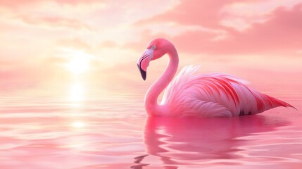 Fototapeta premium A flamingo wading in reflective pink hued waters during sunset, elegant and serene.