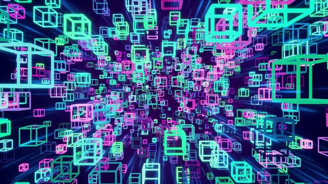looped 3d animation. motion multicolored glowing cubes