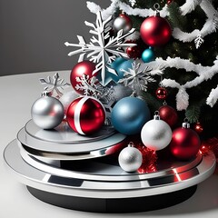 A sleek, round platform with silver and red holiday ornaments, 