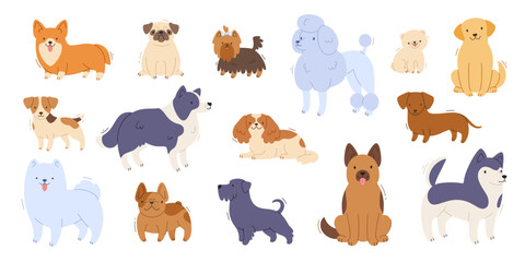 Dog breeds set. Cartoon vector isolated dogs collection. Flat purebred puppies bundle.