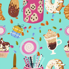 Seamless pattern, sugar addiction, desserts, sweets, hand drawn, vector.