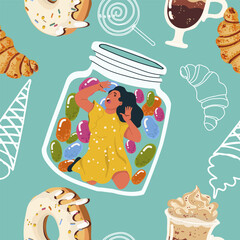 Seamless pattern, sugar addiction, desserts, sweets, girl, woman character, hand drawn, vector.