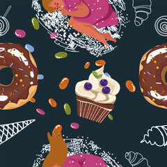 Seamless pattern, sugar addiction, desserts, sweets, girl, woman character, hand drawn, vector.