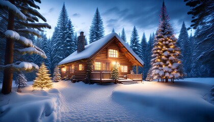 Fototapeta premium Cozy wooden cabin in snowy forest, warmly lit with Christmas tree inside, surrounded by snowdrifts and pine trees.