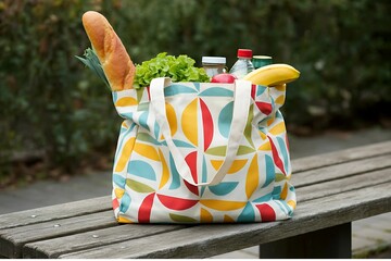 Naklejka premium An organic cotton tote bag filled with groceries, resting on a rustic wooden bench.