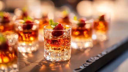 Elegant cocktails garnished with fresh raspberries.