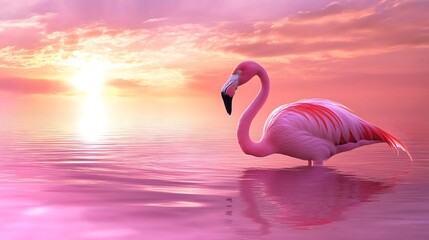 Fototapeta premium A flamingo wading in reflective pink hued waters during sunset, elegant and serene.