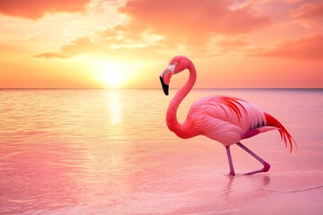 Fototapeta premium A flamingo wading in reflective pink hued waters during sunset, elegant and serene.