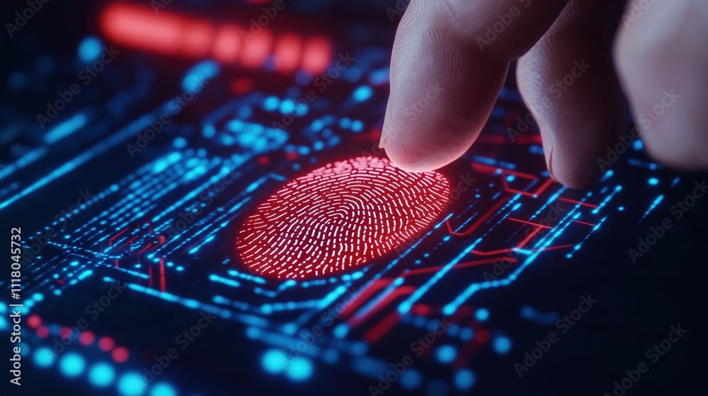 Poster Person scans finger on futuristic tech device. Fingerprint biometric identification process. Advanced security method using cybernetics. Future tech concept. Cyber security tech. Innovative biometric