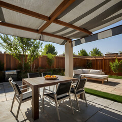 Fototapeta premium Arafed patio with a table and chairs and a bowl of fruit