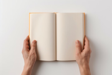 A pair of hands holding an open blank book, symbolizing creativity, potential, and the power of storytelling.