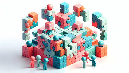 Obraz premium 3D Geometric puzzle patterns isolated on white background concept as Geometric puzzle patterns representing structured teamwork and the importance of each member contribution in team building puzzle s