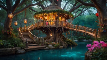 Obraz premium A wooden treehouse, nestled in a lush forest, over a calm pond. Cozy, with warm lighting
