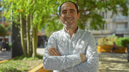 Fototapeta premium Middle-aged hispanic man standing confidently in a sunny outdoor park in an urban city environment, smiling with arms crossed.