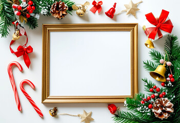 Festive holiday decorations surround a blank picture frame waiting for memories