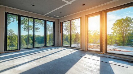 Fototapeta premium Refurbishment process in a bright space showcasing large windows and natural light