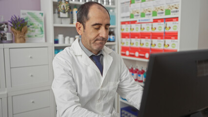 A mature hispanic man works at a computer in a pharmacy, surrounded by various medicines and pharmaceutical products, wearing a white coat.