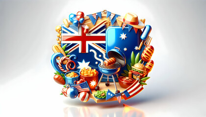 3D Glossy Australian BBQ Background concept as Glossy background showcasing Australian BBQ setup vibrant colors grills flags ample copy space symbolizing festive cooking and national pride for Austral