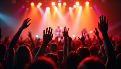 Massive crowd at concert venue raising hands joyfully. People enthusiastically enjoying energetic live music performance. Vibrant stage lights illuminate excited audience. Thrilling music event in